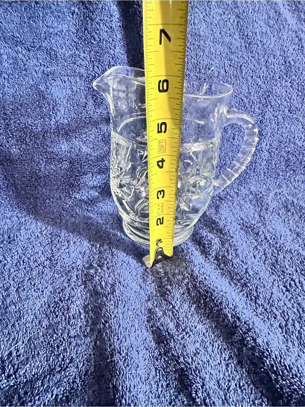Vintage Anchor Hocking USA Pitcher clear glass starburst prescut 16 oz 5.5”Tall